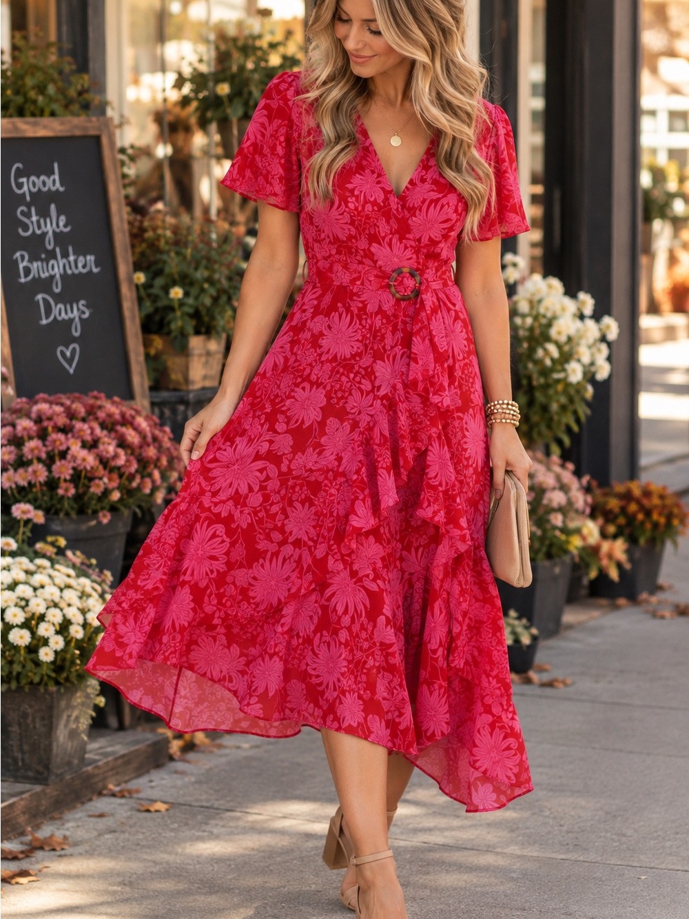 Sofia Jeans Sofia Vergara Pink Red Floral Wrap Midi Dress Size M